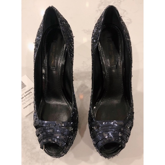 LOUIS VUITTON Dark Midnight Blue Sequin Glitter Sparkle Peep Toe Platform Pumps - Picture 6 of 17